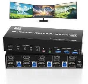 KVM Switch 3 Monitors 4 Computers 8K@60Hz 4K@144Hz, 2 HDMI+1 Displayport KVM Switch Triple Monitor for 4 Computer Share 3 Monitor and 3 USB3.0 Port Keyboard Mouse, Support Extended and Copy Mode KVM Switch 3 Monitors 4 Computers 8K@60Hz 4K@144Hz, 2 HDMI+1 Displayport KVM Switch Triple Monitor for 4 Computer Share 3 Monitor and 3 USB3.0 Port Keyboard Mouse, Support Extended and Copy Mode