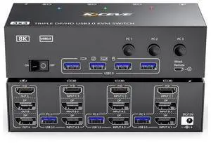 KVM Switch 3 Monitors 3 Computers 8K@60Hz, HDMI + 2* Displayport Triple Monitor KVM Switch,3 Monitor KVM with 4 USB 3.0 Ports for Keyboard Mouse Printer, Wired Remote and Power Adapter Included KVM Switch 3 Monitors 3 Computers 8K@60Hz, HDMI + 2* Displayport Triple Monitor KVM Switch,3 Monitor KVM with 4 USB 3.0 Ports for Keyboard Mouse Printer, Wired Remote and Power Adapter Included