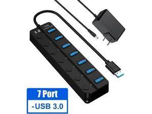 Powered USB Hub, 7 Port USB 3.0 Data Hub Splitter with 5V DC Power Adapter and Independent On/Off Switch USB Port Hub Expander for MacBook Laptop PC and More(Black) Powered USB Hub, 7 Port USB 3.0 Data Hub Splitter with 5V DC Power Adapter and Independent On/Off Switch USB Port Hub Expander for MacBook Laptop PC and More(Black)