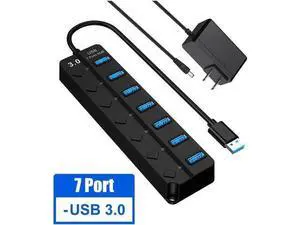 Powered USB Hub, 7 Port USB 3.0 Data Hub Splitter with 5V DC Power Adapter and Independent On/Off Switch USB Port Hub Expander for MacBook Laptop PC and More(Black) Powered USB Hub, 7 Port USB 3.0 Data Hub Splitter with 5V DC Power Adapter and Independent On/Off Switch USB Port Hub Expander for MacBook Laptop PC and More(Black)