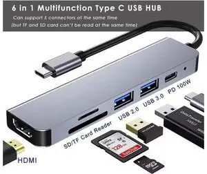 USB C Hub, USB Hub to HDMI Multiport USB C Dongle Adapter 6 in 1 with 4K HDMI Output, USB A 3.0&2.0Ports,SD/Micro SD Card Reader,100W PD,Compatible with MacBook Pro Air and More Type C USB C Hub, USB Hub to HDMI Multiport USB C Dongle Adapter 6 in 1 with 4K HDMI Output, USB A 3.0&2.0Ports,SD/Micro SD Card Reader,100W PD,Compatible with MacBook Pro Air and More Type C