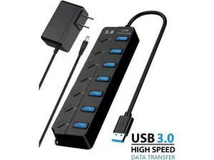 USB 3.0 Hub, 7 Port Powered USB Hub Expander USB 3.0 Data Port hub with Universal 5V DC Adapter and Individual On/Off Switches USB Splitter for Laptop and PC(Black) USB 3.0 Hub, 7 Port Powered USB Hub Expander USB 3.0 Data Port hub with Universal 5V DC Adapter and Individual On/Off Switches USB Splitter for Laptop and PC(Black)