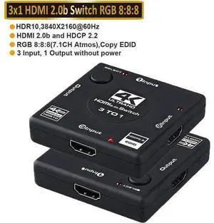 HDMI 2.0 Switch Splitter 3 Port 4K HDMI Switcher 3 in 1 Out HDMI Switches Selector Box with 3.9FT HDMI Cable Support HDCP 2.2 Support 4K@60Hz Ultra HD 3D 2160P 1080P HDMI 2.0 Switch Splitter 3 Port 4K HDMI Switcher 3 in 1 Out HDMI Switches Selector Box with 3.9FT HDMI Cable Support HDCP 2.2 Support 4K@60Hz Ultra HD 3D 2160P 1080P