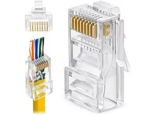 RJ45 Cat6 Pass Through Connectors Pack of 100 | Clear Ethernet Plugs for Unshielded Twisted Pair Solid Wire & Standard Cables | Compatible with PC, Server, Router RJ45 Cat6 Pass Through Connectors Pack of 100 | Clear Ethernet Plugs for Unshielded Twisted Pair Solid Wire & Standard Cables | Compatible with PC, Server, Router