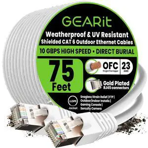 GEARit Cat6 Outdoor Ethernet Cable (75ft) 23AWG Pure Copper, FTP, LLDPE, Waterproof, Direct Burial, In-Ground, UV Resistant, POE, Network, LAN, Internet, Cat 6, Cat6 Cable - 75 Feet GEARit Cat6 Outdoor Ethernet Cable (75ft) 23AWG Pure Copper, FTP, LLDPE, Waterproof, Direct Burial, In-Ground, UV Resistant, POE, Network, LAN, Internet, Cat 6, Cat6 Cable - 75 Feet