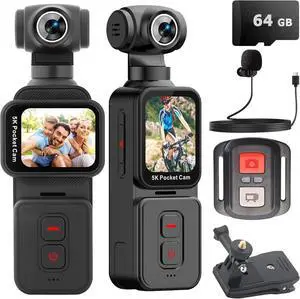 Pocket Camera 5K with Face Detection Automatic Rotating Lens, Vlogging Camera Body Cam with Rotatable Touch Screen, External Mic, Remote Control, 64GB Card Pocket Camera 5K with Face Detection Automatic Rotating Lens, Vlogging Camera Body Cam with Rotatable Touch Screen, External Mic, Remote Control, 64GB Card