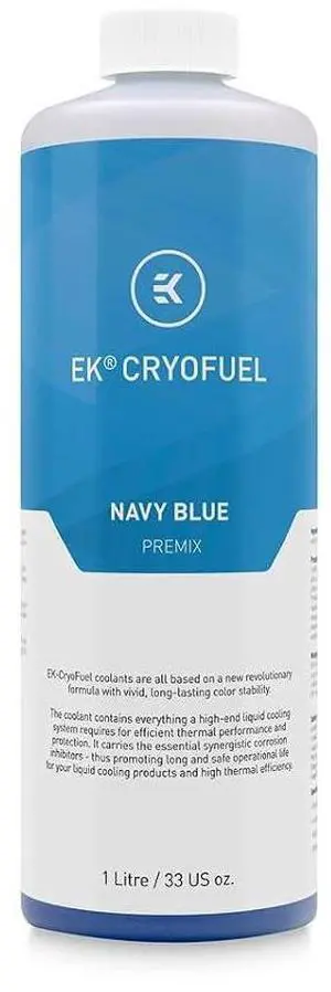 Odestar EK CryoFuel Premixed Transparent Liquid Coolant Navy Blue 1L - 100% Biodegradable, Non-Toxic, Low Conductivity, Compatible with Acrylic, POM Acetal, Rubber - Desktop PC Cooling System Odestar EK CryoFuel Premixed Transparent Liquid Coolant Navy Blue 1L - 100% Biodegradable, Non-Toxic, Low Conductivity, Compatible with Acrylic, POM Acetal, Rubber - Desktop PC Cooling System