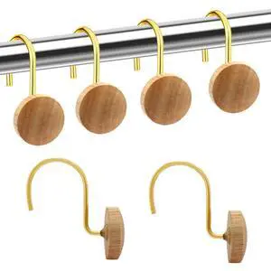 Shower Curtain Hooks, Wood Decorative Shower Curtain Rings, Modern Round Log Shower Curtain Hangers, 12PCS Shower Hooks for Shower Curtain Rod, Bedroom, Living Room (Gold 2) Shower Curtain Hooks, Wood Decorative Shower Curtain Rings, Modern Round Log Shower Curtain Hangers, 12PCS Shower Hooks for Shower Curtain Rod, Bedroom, Living Room (Gold 2)