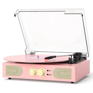 Vinyl Record Player with Built-in Speakers, Vintage 3-Speed Turntable, Bass/Treble Control, Headphone Jack, RCA/AUX Outputs, Belt-Driven LP Player, Pink Vinyl Record Player with Built-in Speakers, Vintage 3-Speed Turntable, Bass/Treble Control, Headphone Jack, RCA/AUX Outputs, Belt-Driven LP Player, Pink