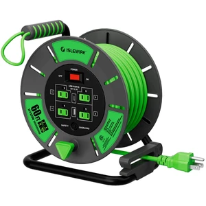 60 FT Retractable Extension Cord Reel, 14AWG SJTOW Heavy Duty Power Cord with 4 Grounded Outlets, USB-A & USB-C Ports, 13A Circuit Breaker, Hand Crank for Indoor Outdoor Use, ETL Listed, Green 60 FT Retractable Extension Cord Reel, 14AWG SJTOW Heavy Duty Power Cord with 4 Grounded Outlets, USB-A & USB-C Ports, 13A Circuit Breaker, Hand Crank for Indoor Outdoor Use, ETL Listed, Green