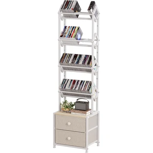 CD Storage Rack, DVD Storage Shelf Tower, Tilted Style 5-Tier Compact Media Shelf with Fabric Drawers, Fits DVDs, Video Games, Books, For Living Room & Home Office, 58.7 in Tall CD Storage Rack, DVD Storage Shelf Tower, Tilted Style 5-Tier Compact Media Shelf with Fabric Drawers, Fits DVDs, Video Games, Books, For Living Room & Home Office, 58.7 in Tall