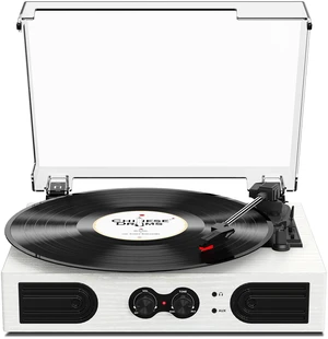 Vinyl Record Player with Built-in Stereo Speakers, Vintage 3-Speed Turntable, Bass/Treble Control, Headphone Jack, RCA/AUX Outputs, Belt-Driven LP Player, White Wood Vinyl Record Player with Built-in Stereo Speakers, Vintage 3-Speed Turntable, Bass/Treble Control, Headphone Jack, RCA/AUX Outputs, Belt-Driven LP Player, White Wood