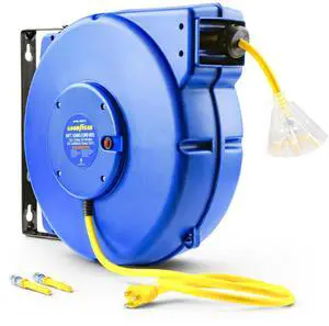 Retractable Extension Cord Reel Heavy-Duty Commercial Cable with Triple Tap Connector, Auto-Rewind & Wall/Ceiling Mountable (Enclosed, 12AWG x 65 ft) Retractable Extension Cord Reel Heavy-Duty Commercial Cable with Triple Tap Connector, Auto-Rewind & Wall/Ceiling Mountable (Enclosed, 12AWG x 65 ft)