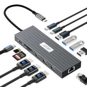 Docking Station 3 Monitors with 3 HDMI, 13-in-1 USB C Hub for Laptop with 4K@60Hz HDMI, 1 Gbps Ethernet, 10Gbps Data, 100W PD, SD/TF, Laptop Dock for, XPS, Spectre, Surface, Mac Docking Station 3 Monitors with 3 HDMI, 13-in-1 USB C Hub for Laptop with 4K@60Hz HDMI, 1 Gbps Ethernet, 10Gbps Data, 100W PD, SD/TF, Laptop Dock for, XPS, Spectre, Surface, Mac