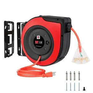 Retractable Extension Cord Reel,75 Feet 14 AWG/3C SJTOW Heavy Duty Power Cord,10 AMP Circuit Breaker, 3-Lighted Triple Outlets,Ceiling or Wall Mount Use Indoor, Red Retractable Extension Cord Reel,75 Feet 14 AWG/3C SJTOW Heavy Duty Power Cord,10 AMP Circuit Breaker, 3-Lighted Triple Outlets,Ceiling or Wall Mount Use Indoor, Red