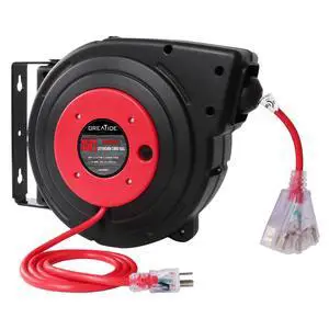 45 Ft Retractable Extension Cord Reel, 12 AWG/3C SJTOW Heavy Duty Power Cord with 3 Electrical Outlets, 15 AMP Circuit Breaker, Lighted Triple Tap, Ceiling or Wall Mount, UL Listed 45 Ft Retractable Extension Cord Reel, 12 AWG/3C SJTOW Heavy Duty Power Cord with 3 Electrical Outlets, 15 AMP Circuit Breaker, Lighted Triple Tap, Ceiling or Wall Mount, UL Listed
