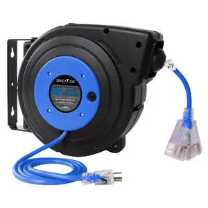45 Ft Retractable Extension Cord Reel, 12 AWG/3C SJTOW Heavy Duty Power Cord with 3 Electrical Outlets, 15 AMP Circuit Breaker, Lighted Triple Tap, Ceiling or Wall Mount, UL Listed 45 Ft Retractable Extension Cord Reel, 12 AWG/3C SJTOW Heavy Duty Power Cord with 3 Electrical Outlets, 15 AMP Circuit Breaker, Lighted Triple Tap, Ceiling or Wall Mount, UL Listed
