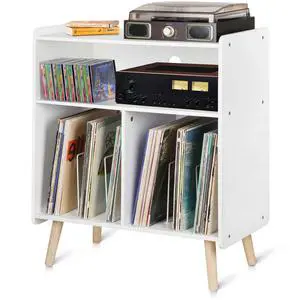 Mid-Century Wood Record Player Stand, Large Vintage Turntable Stand for Living Room, Office, 3-Tier Vinyl Record Storage Cabinet Table Holds up to 100 Albums, White Mid-Century Wood Record Player Stand, Large Vintage Turntable Stand for Living Room, Office, 3-Tier Vinyl Record Storage Cabinet Table Holds up to 100 Albums, White