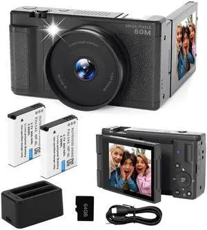 5K UHD Digital Camera for Photography, Autofocus 80MP Point & Shoot Vlog Camera for YouTube, 3" 270° Flip Screen Dual Lens Selfie with18x Digital Zoom, 64GB SD Card, 2 Batteries & Charger,Black 5K UHD Digital Camera for Photography, Autofocus 80MP Point & Shoot Vlog Camera for YouTube, 3" 270° Flip Screen Dual Lens Selfie with18x Digital Zoom, 64GB SD Card, 2 Batteries & Charger,Black