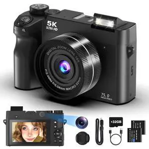 5K Digital Camera for Vlogging, 75MP Photo Camera with 3" Screen | Compact beginner video creator bundle, 18X zoom, 30 built-in creative filters, dual batteries and 32GB SD card included 5K Digital Camera for Vlogging, 75MP Photo Camera with 3" Screen | Compact beginner video creator bundle, 18X zoom, 30 built-in creative filters, dual batteries and 32GB SD card included