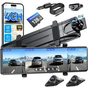 4 Channel Mirror Dash Cam Detached Camera for Cars,1080P Front Rear Left Right Dash Camera for Car,12'' Rear View Mirror Camerawith 128GB Card, Night Vision, G-Sensor 4 Channel Mirror Dash Cam Detached Camera for Cars,1080P Front Rear Left Right Dash Camera for Car,12'' Rear View Mirror Camerawith 128GB Card, Night Vision, G-Sensor