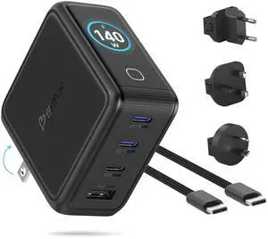 Gansta 140W USB-C GaN Laptop World Charger, 4-Port (3 USB-C + 1 USB-A), PD 3.1 140W, Smart LCD Display, MacBook Pro 16" Travel Charger + EU/UK/AU Adapters, Braided Cable & Pouch Gansta 140W USB-C GaN Laptop World Charger, 4-Port (3 USB-C + 1 USB-A), PD 3.1 140W, Smart LCD Display, MacBook Pro 16" Travel Charger + EU/UK/AU Adapters, Braided Cable & Pouch