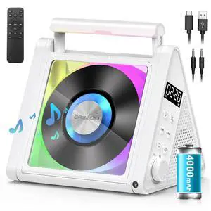 Portable CD Player with Bluetooth & RGB Ambient Lights for Desktop | 4000mAh Rechargeable, Simple Controls, Supports CD/MP3/WMA, FM Radio, USB, AUX, Optical Output for music lovers, Gift (White Portable CD Player with Bluetooth & RGB Ambient Lights for Desktop | 4000mAh Rechargeable, Simple Controls, Supports CD/MP3/WMA, FM Radio, USB, AUX, Optical Output for music lovers, Gift (White