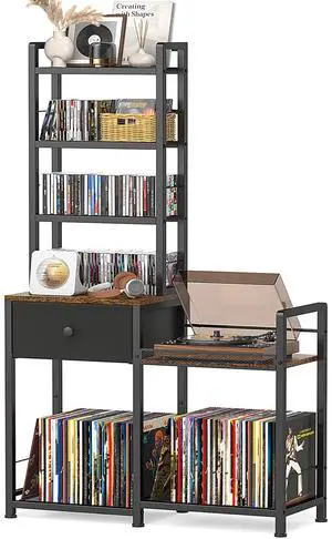 CD Rack with Drawer, 7-Tier DVD Organizer Shelf with Vinyl Storage | Media Storage Rack for CDs/DVDs, Vinyl Records, Books & Games, Ideal for Living Room & Home Office, 32.1x11.8x57.2 in, Brown CD Rack with Drawer, 7-Tier DVD Organizer Shelf with Vinyl Storage | Media Storage Rack for CDs/DVDs, Vinyl Records, Books & Games, Ideal for Living Room & Home Office, 32.1x11.8x57.2 in, Brown