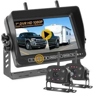Dual Wireless Backup Camera for RV Truck with 7" 1080P Monitor System | 350ft Stable Range, 4CH DVR Loop Recording, Dual Antennas, IP69K Waterproof, IR Night Vision for Trailer Camper Pickup Boat Dual Wireless Backup Camera for RV Truck with 7" 1080P Monitor System | 350ft Stable Range, 4CH DVR Loop Recording, Dual Antennas, IP69K Waterproof, IR Night Vision for Trailer Camper Pickup Boat
