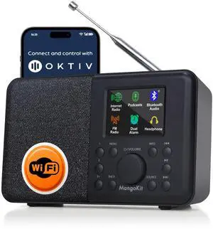 SR10 WiFi Radio, Bluetooth, FM & Internet, Black | 60 presets, dual alarms, colour display, OKTIV App control, podcast player, mains or AA battery, headphone jack, compact SR10 WiFi Radio, Bluetooth, FM & Internet, Black | 60 presets, dual alarms, colour display, OKTIV App control, podcast player, mains or AA battery, headphone jack, compact