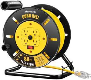 Retractable Extension Cord Reel, 80FT Heavy Duty Open Cord Reel for Indoor Outdoor, 14/3 AWG SJTW, 4 Grounded Outlets, 13 Amp Circuit Breaker,Handle Rewind, Metal Stand, ETL Listed Retractable Extension Cord Reel, 80FT Heavy Duty Open Cord Reel for Indoor Outdoor, 14/3 AWG SJTW, 4 Grounded Outlets, 13 Amp Circuit Breaker,Handle Rewind, Metal Stand, ETL Listed