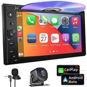 Double Din Car Stereo with CD/DVD Player Apple Carplay & Android Auto, 6.2Inch Car Radio with Bluetooth and Backup Camera, Touch Screen, Mirror Link, Steering Wheel Control, USB/TF/AUX Input, AM/FM Double Din Car Stereo with CD/DVD Player Apple Carplay & Android Auto, 6.2Inch Car Radio with Bluetooth and Backup Camera, Touch Screen, Mirror Link, Steering Wheel Control, USB/TF/AUX Input, AM/FM