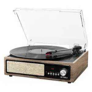 3-in-1 Bluetooth Record Player with Built in Speakers and 3-Speed Turntable, Farmhouse Walnut 3-in-1 Bluetooth Record Player with Built in Speakers and 3-Speed Turntable, Farmhouse Walnut