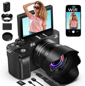 8K Digital Camera, 88MP Cameras for Photography, Vlogging Camera for YouTube with 3" 180° Flip Screen, 18X Zoom UHD Autofocus Video Camara with Lens Hood, 64GB Card 8K Digital Camera, 88MP Cameras for Photography, Vlogging Camera for YouTube with 3" 180° Flip Screen, 18X Zoom UHD Autofocus Video Camara with Lens Hood, 64GB Card