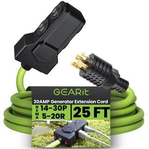 30-Amp/Duplex 5-20R x4-Outlets Adapter Cord (25-Feet) 4-Prong 30A Generator Extension Cord to 4X Household 125/250V (NEMA 14-30P to Four 5-20R) STW 10AWG/4 Heavy Duty Twist Lock - 25ft 30-Amp/Duplex 5-20R x4-Outlets Adapter Cord (25-Feet) 4-Prong 30A Generator Extension Cord to 4X Household 125/250V (NEMA 14-30P to Four 5-20R) STW 10AWG/4 Heavy Duty Twist Lock - 25ft