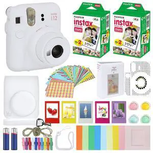 Instax Mini 12 Instant Camera Clay White + Carrying Case + Fuji Instax Film Value Pack (40 Sheets) Accessories Bundle, Color Filters, Photo Album, Assorted Frames Instax Mini 12 Instant Camera Clay White + Carrying Case + Fuji Instax Film Value Pack (40 Sheets) Accessories Bundle, Color Filters, Photo Album, Assorted Frames