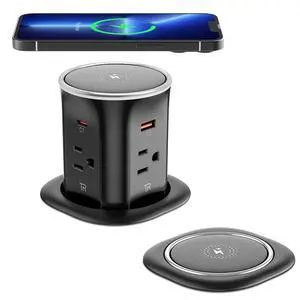 Pop Up Countertop Outlet with 15W Wireless Charger,20W USB C Ports,Flush Mount Tamper Resistant,Recessed Grommet Receptacle,4 USB 4 Outlets,15A,1875W,ETL Listed,3.15in Hole,Black Pop Up Countertop Outlet with 15W Wireless Charger,20W USB C Ports,Flush Mount Tamper Resistant,Recessed Grommet Receptacle,4 USB 4 Outlets,15A,1875W,ETL Listed,3.15in Hole,Black