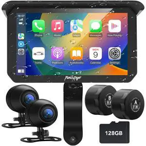 2026 Portable 5" Wireless Motorcycle Carplay (Inculed 128G SD Card) with Android Auto Screen, HD Waterproof Touch Screen, TPMS, GPS Navigation System, G-Sensor, Duble Dash Cam/Camera 2026 Portable 5" Wireless Motorcycle Carplay (Inculed 128G SD Card) with Android Auto Screen, HD Waterproof Touch Screen, TPMS, GPS Navigation System, G-Sensor, Duble Dash Cam/Camera