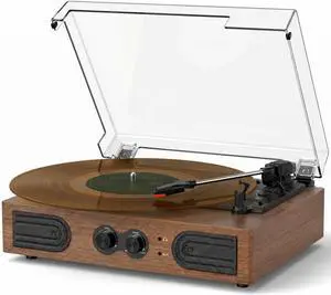 Record Player with Built-in Speakers Bluetooth, Walnut Vinyl Turntable Belt-Drive 3-Speed with Bass Treble Control, RCA Output AUX-in Headphone Jack Auto Stop Record Player with Built-in Speakers Bluetooth, Walnut Vinyl Turntable Belt-Drive 3-Speed with Bass Treble Control, RCA Output AUX-in Headphone Jack Auto Stop