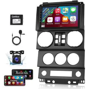 for Jeep Wrangler (4 Doors) 2007 2008 2009 2010 with Wireless Apple Carplay and Android Auto, 2+32G 9 Inch Touchscreen Android Car Radio, DSP/GPS/WiFi + AHD Backup Camera and Mic for Jeep Wrangler (4 Doors) 2007 2008 2009 2010 with Wireless Apple Carplay and Android Auto, 2+32G 9 Inch Touchscreen Android Car Radio, DSP/GPS/WiFi + AHD Backup Camera and Mic