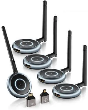 Wireless HDMI Transmitter and 4 Receivers - Up to 8 Displays, Plug and Play, 5.8G HDMI Wireless Extender for PC, Laptop, TV Box, Camera to Multiple TVs, Monitors, Projectors - 165FT/50M Wireless HDMI Transmitter and 4 Receivers - Up to 8 Displays, Plug and Play, 5.8G HDMI Wireless Extender for PC, Laptop, TV Box, Camera to Multiple TVs, Monitors, Projectors - 165FT/50M
