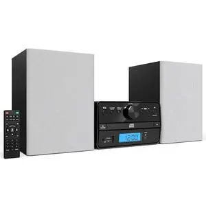 Stereo Shelf Systems Tray Loading CD Player with Digital FM Radio, Bluetooth Streaming, Remote Control in Silver | LCD Display | 3.5mm Headphone Jack | MP3 & AUX Port Compatible | USB Input Stereo Shelf Systems Tray Loading CD Player with Digital FM Radio, Bluetooth Streaming, Remote Control in Silver | LCD Display | 3.5mm Headphone Jack | MP3 & AUX Port Compatible | USB Input