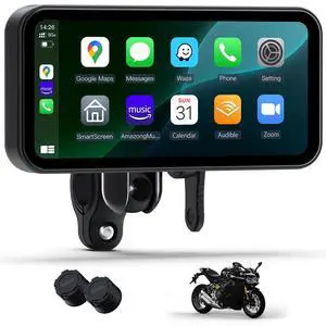 6.25 Inch Motorcycle CarPlay & Android Auto Display with Two TPMS IP67 Waterproof Portable Touchscreen with Dual Bluetooth, TF Card, GPS Navigation, Universal Mount 6.25 Inch Motorcycle CarPlay & Android Auto Display with Two TPMS IP67 Waterproof Portable Touchscreen with Dual Bluetooth, TF Card, GPS Navigation, Universal Mount