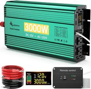 3000 Watt Inverter 12V to 110V/120V 6000W Peak Truck Power Inverter for Vehicles, Modified Sine Wave AC to DC Converter for RV Home with 2 AC Outlets 3.4A USB Port LED Didplay Remote Controller 3000 Watt Inverter 12V to 110V/120V 6000W Peak Truck Power Inverter for Vehicles, Modified Sine Wave AC to DC Converter for RV Home with 2 AC Outlets 3.4A USB Port LED Didplay Remote Controller