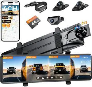 4 Channel Mirror Dash Cam,12" Rear View Mirror Camera,1080P Front Rear Left Right Dash Camera for Car, WiFi Smart Rear View Mirror Camera with 64GB Card, Night Vision, 24H Parking Monitor, G-Sensor 4 Channel Mirror Dash Cam,12" Rear View Mirror Camera,1080P Front Rear Left Right Dash Camera for Car, WiFi Smart Rear View Mirror Camera with 64GB Card, Night Vision, 24H Parking Monitor, G-Sensor