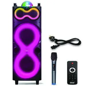 Bluetooth Speaker System with Wireless Mic, 240W PA and Karaoke Machine, Dual 10" Inch Speakers, Rechargeable Battery, USB/SD/AUX/FM Radio, LED Lights, Outdoor/Indoor Party Audio Bluetooth Speaker System with Wireless Mic, 240W PA and Karaoke Machine, Dual 10" Inch Speakers, Rechargeable Battery, USB/SD/AUX/FM Radio, LED Lights, Outdoor/Indoor Party Audio