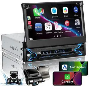 Single Din Flip Out Screen Car Radio with Backup Camera & Dash Cam | 7inch Flip Up Screen Car Stereo Single Din with Apple Carplay & Android Auto, Bluetooth, FM/EQ, Mirrorlink, SWC, Subwoofer Single Din Flip Out Screen Car Radio with Backup Camera & Dash Cam | 7inch Flip Up Screen Car Stereo Single Din with Apple Carplay & Android Auto, Bluetooth, FM/EQ, Mirrorlink, SWC, Subwoofer
