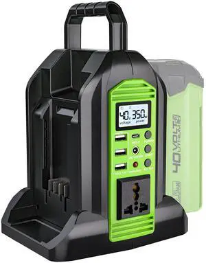 Power Inverter for Greenworks 40V Battery, 350W 2-Port DC 40V to AC 120V Portable Battery Converter with LED Light, 6 Output Ports, LCD Display for RV Camping, Emergency, Power Outages Power Inverter for Greenworks 40V Battery, 350W 2-Port DC 40V to AC 120V Portable Battery Converter with LED Light, 6 Output Ports, LCD Display for RV Camping, Emergency, Power Outages