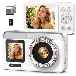 Digital Camera, 5K 80MP Dual Screen, Auto Focus for Beginners Teens | Point and Shoot Camera with 18X Zoom, 32GB Card & 2 Batteries, Great Travel Vlogging Camera for YouTube, White Digital Camera, 5K 80MP Dual Screen, Auto Focus for Beginners Teens | Point and Shoot Camera with 18X Zoom, 32GB Card & 2 Batteries, Great Travel Vlogging Camera for YouTube, White