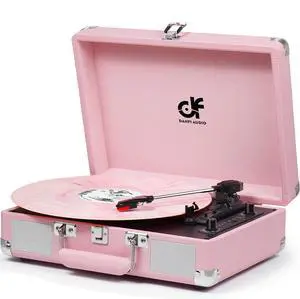 Vintage Pink Suitcase Record Player - 3-Speed Turntable with Bluetooth, USB Recording, MP3 Converter, Speakers, Stylus Vintage Pink Suitcase Record Player - 3-Speed Turntable with Bluetooth, USB Recording, MP3 Converter, Speakers, Stylus